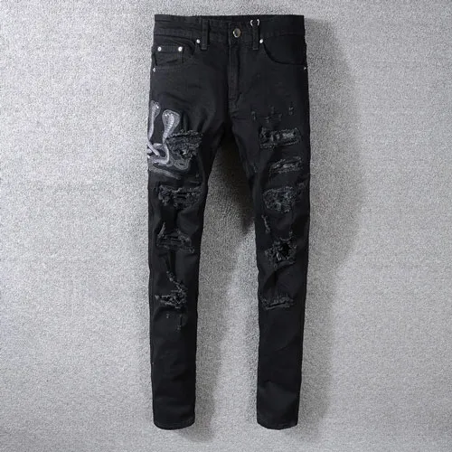 Jeans da uomo di moda stile street americano slim fit serpente ricamo punk strappato designer streetwear hip hop1