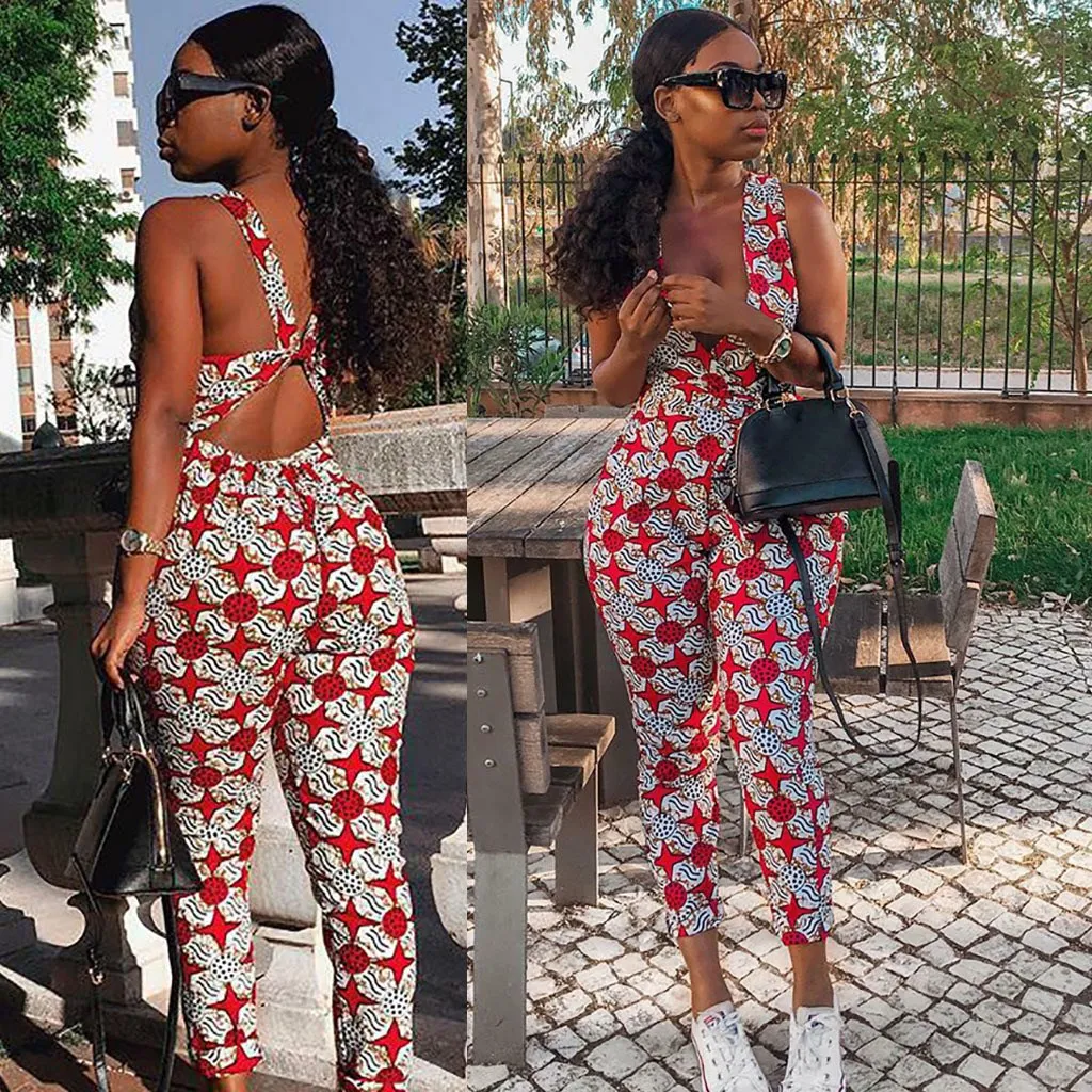 2019 Women Jumpsuit African Print Jumpsuit Summer Cross Backless Sexy Lace Up National Print Romper