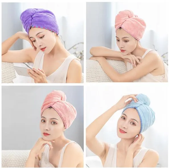 Microfiber Hair Towel Quick DryWomen Shampoo Quick Magic Dryer Wrap Towel Shower Cap Scrub Cleaning Tool Bathroom Hair Cap Wrap with Button