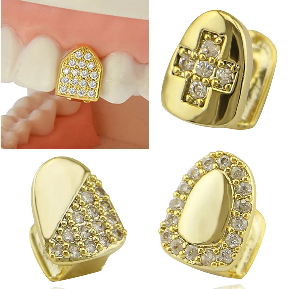 Hip Hop Diamant Dents Simples Grillz 18K Or Réel Bretelles Punk Bouche Dentaire Fang Faux Grills Dent Cap Cosplay Halloween Costume Party Rappeur Bijoux De Corps En Gros