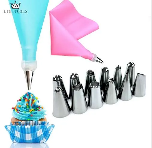 1 pc silicone gelo tubulação creme bolsa de creme + 12 pcs bocal de aço inoxidável dicas de pastelaria conversor diy ferramentas de decoração de bolo