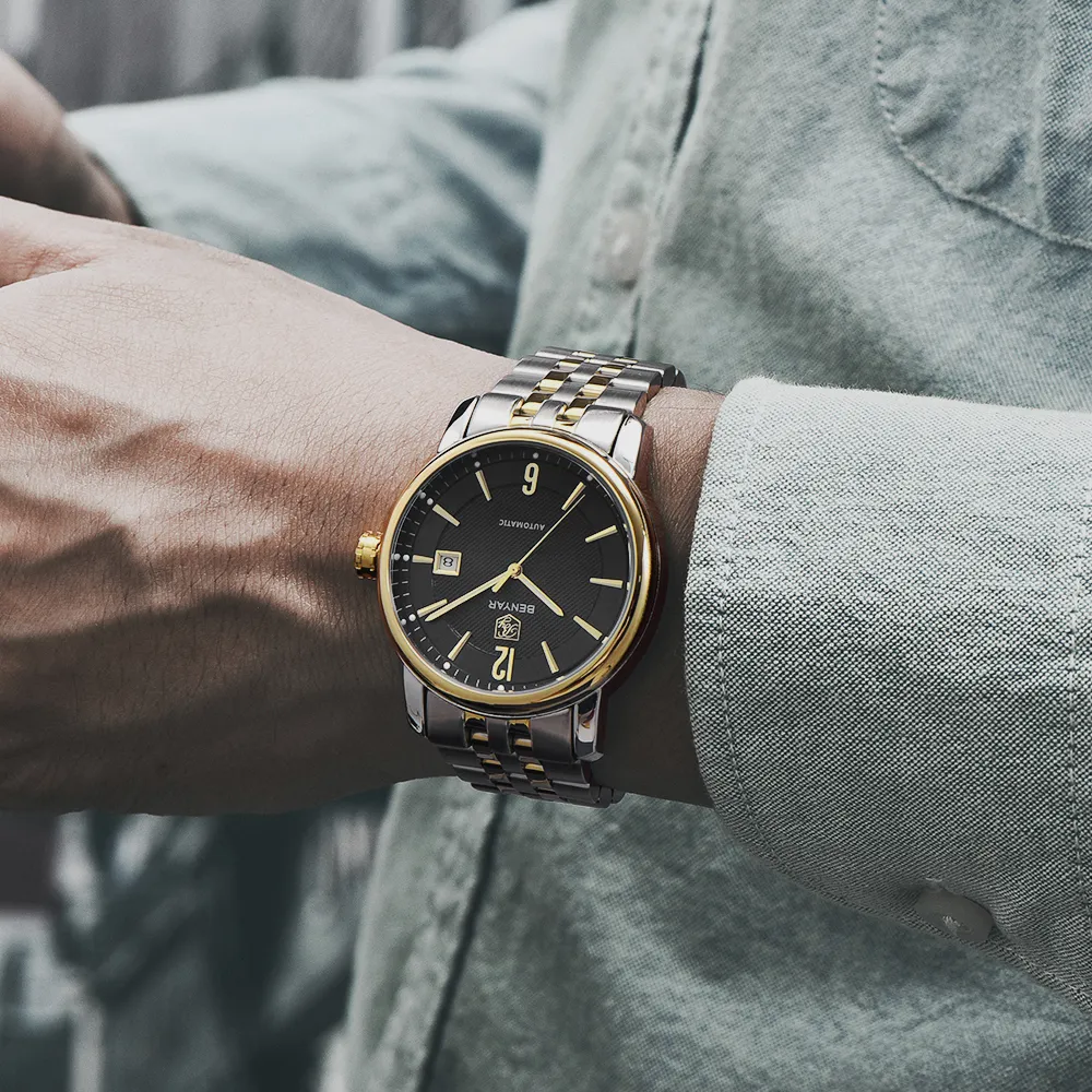 BENYAR Moda Top Marca de Luxo Relógio de Couro Conjunto Automático Homens Relógio de Pulso Homens Relógios de Aço Mecânico Relogio masculino304x