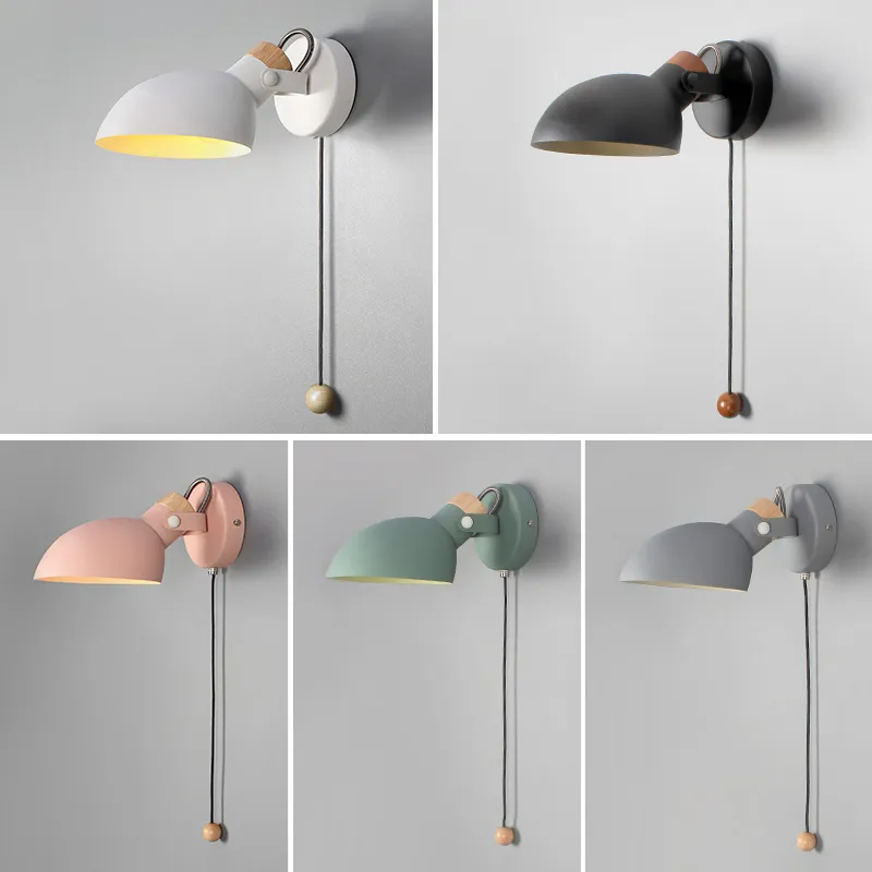 LED Vägglampor med dragbrytare Europeisk stil Macarons Minimalistisk Vardagsrum Sovrum Läsa Bedside Light Solid Wood Rotating Sconce