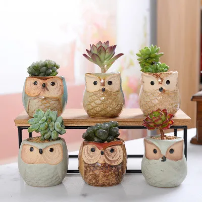 Owl Pot Ceramic Flowing Glaze Base Succulent Plant Pot Cactus Flower Pot Container Planter Bonsai Pots Perfect design gift