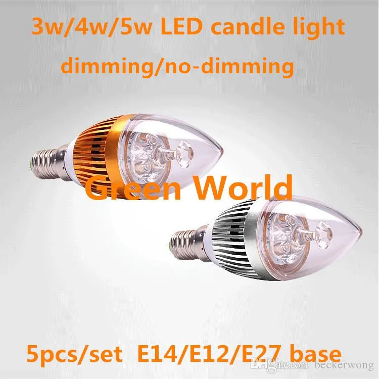 5 stks / partij 3W 4W 5W Hoge Power LED Kaars Licht E14 / E27 / E12 / B22 Silver / Gold Hause Base C.T: 2700K - 6400K, 110LM / W, dimbare kaarslamp