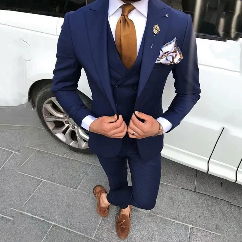 Mais recente casaco pant azul marinho homens ternos para casamento baile homem blazers noivo smoking tnono masculino traje homme 3 peça