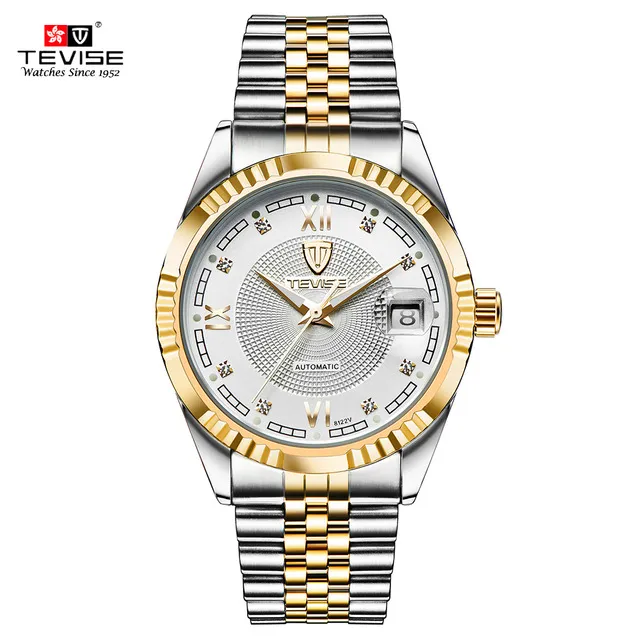 TEVISE Luminous Automatic Gold Plated Watch Mens With Gold Dial
