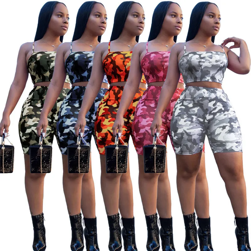 ANJAMANOR Camouflage Print Casual Two Piece Set Crop Top and Pants Summer Short Tracksuit Women Sexy Bodycon Romper D74-AA21 CX200707