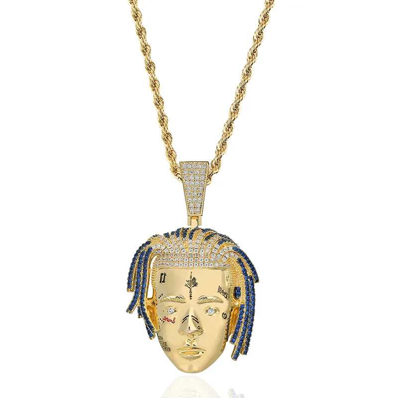 Fashion-hop iced out 18k guldpläterad hängande halsband sångare xxxtentacion avatar hängsmycke halsband mode halsband smycken