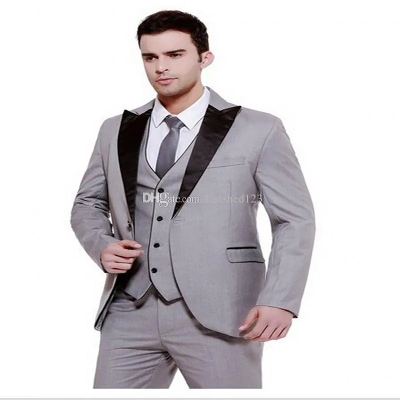 Very Good One Button Light Grey Groom Tuxedos Peak Lapel Men Suits 3 pieces Wedding/Prom/Dinner Blazer (Jacket+Pants+Vest+Tie) W578