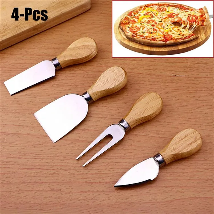 Handige Kaas Gereedschap Set 4 stks/set Eiken Handvat Mes Vork Schop Kit Raspen Voor Snijden Bakken Kaasplank Sets Boter Pizza Slicer Cutter