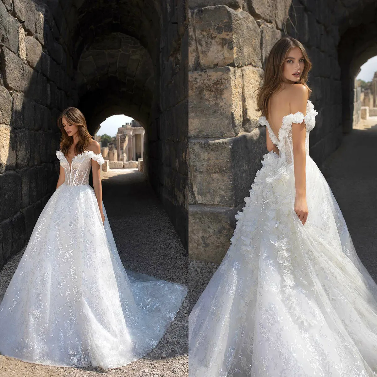 Bescheidenes Pnina Tornai Ballkleid, schulterfrei, ärmellos, rückenfrei, handgefertigt, Blumen-Pailletten, Brautkleider, Brautkleid, Brautkleid mit Schleppe