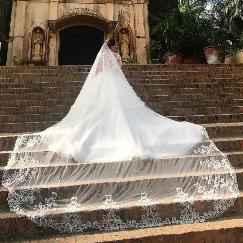 Véus de casamento projetado 3,5m longo véu laço macio apliques comprimento da catedral apliques véu nupcial véu véus cabelo nupcial com pentes