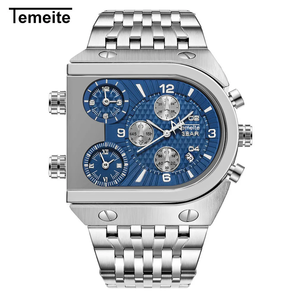 Temeite Top Brand Mäns Big Dial 3 Time Zone Business Square Quartz Klockor Män Militär Vattentät Armbandsur Relogio Masculino