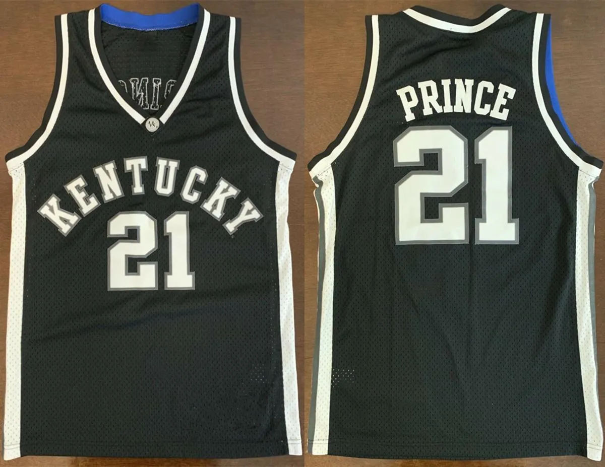 영국 Kentucky Wildcats College Tayshaun Prince #21 화이트 블랙 레트로 농구 저지 남성용 스티치 맞춤 번호 이름 유니폼