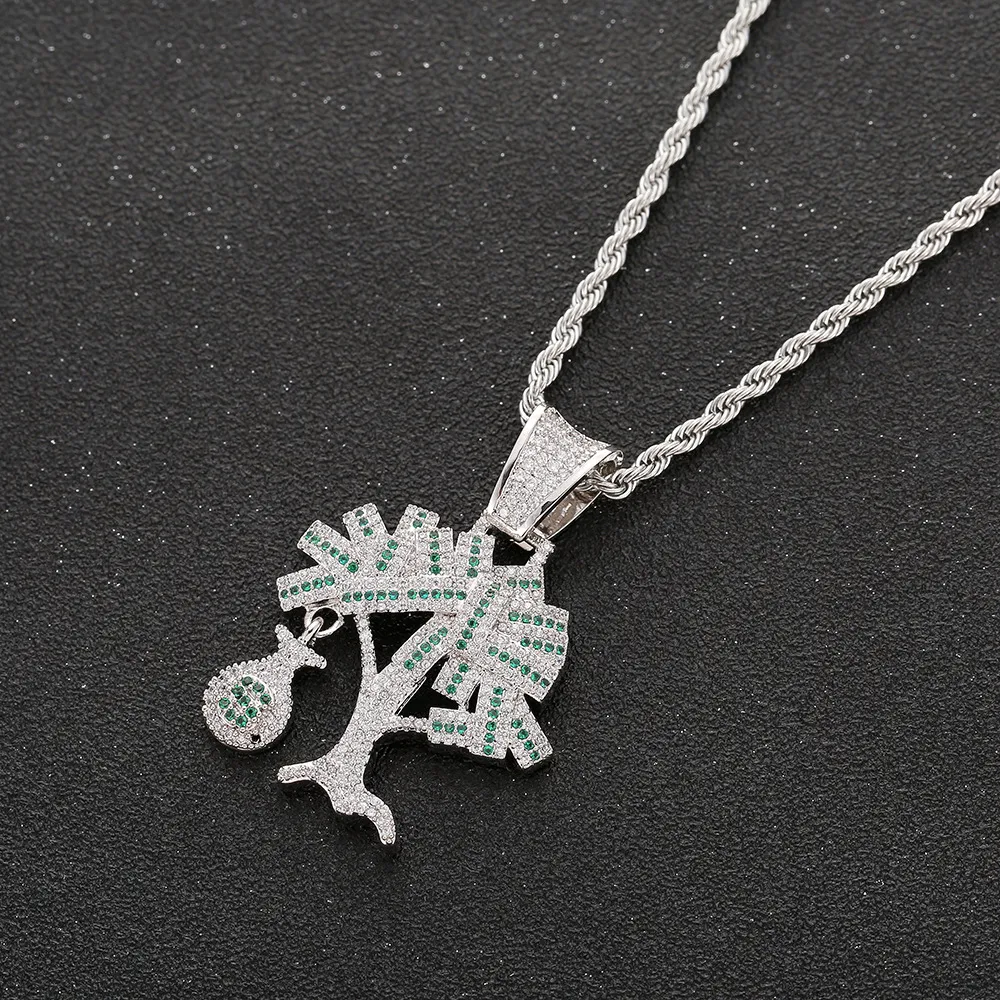 Collana con ciondolo albero dei soldi in dollari americani con zirconi cubici color oro argento hip-hop per gioielli bling da uomo