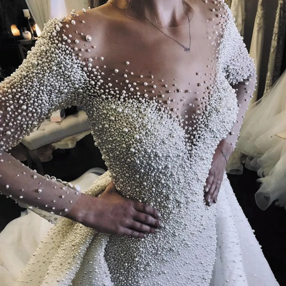 2022 Full Pearl Beaded Mermaid Bröllopsklänningar med avtagbara tåg Vintage Långärmade Saudiarabiska Plus Storlek Bridal Gown Vestidos de Noiva