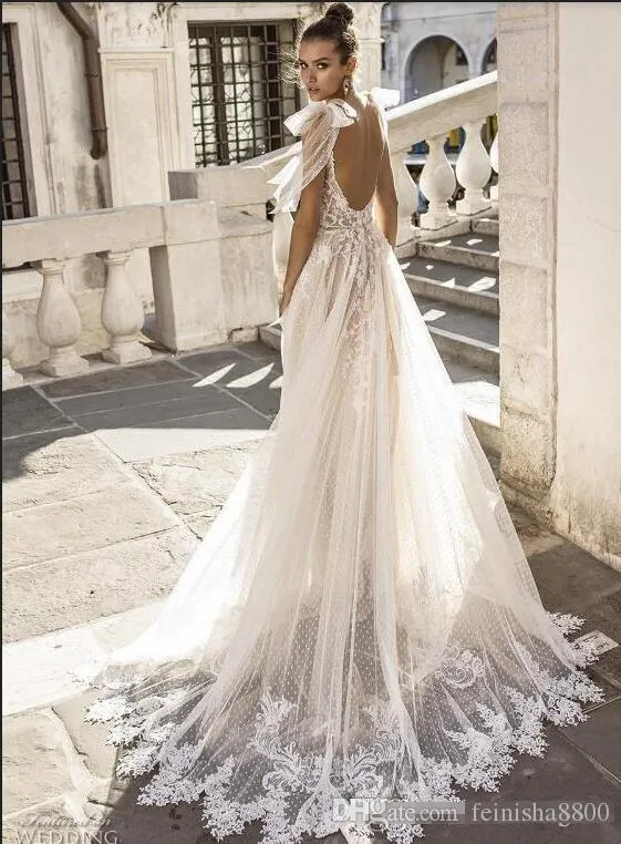beach wedding dresses romantic Romantic Illusion Lace Tulle A-line Beach Wedding Dress