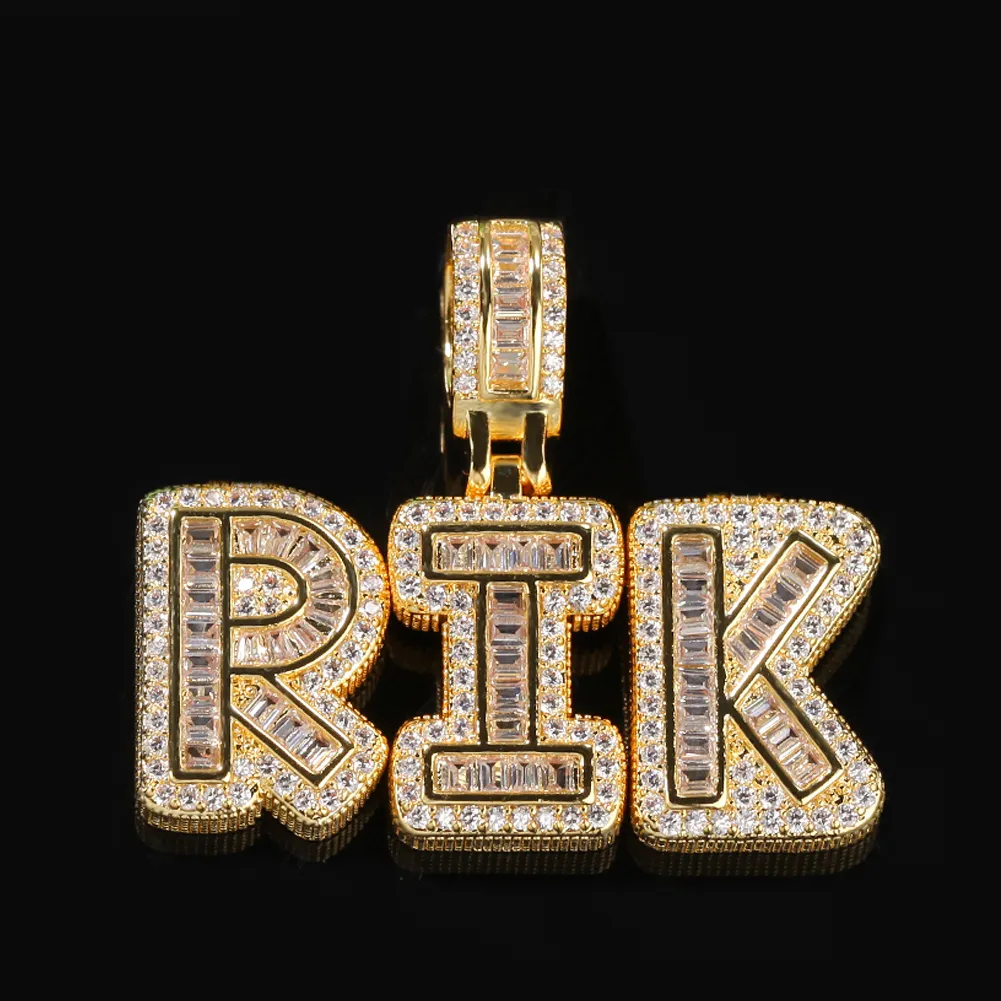 Hip Hop Custom Name Baguette Letter Pendant Necklace With Free Rope Chain Gold Silver Bling Zirconia Men Pendant Jewelry