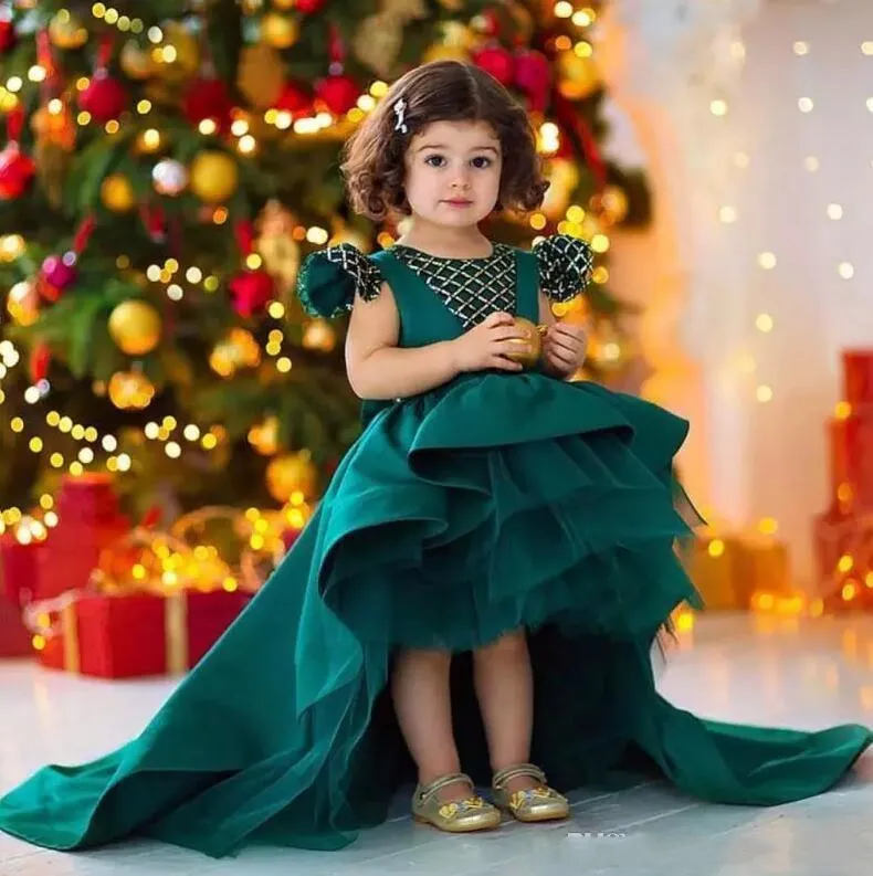 Green Satin and Organza High Low flower girl dress with Big Bow for Weddings, Pageants, Birthdays, and Special Occasions - Capped Toddler and Kids