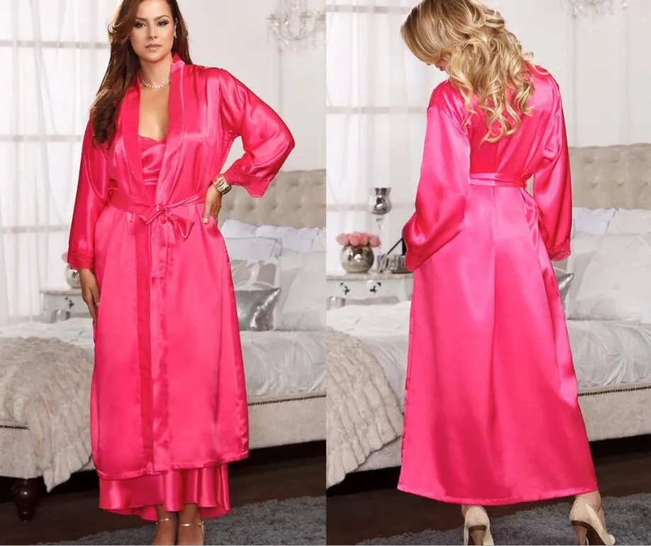 Top Ladies Womens Solid Plain Rayon Silk Long Robe Pajama Lingerie Nightdress Kimono Gown Kvinnor Klä Bath Robe Babydoll Underkläder + G-String