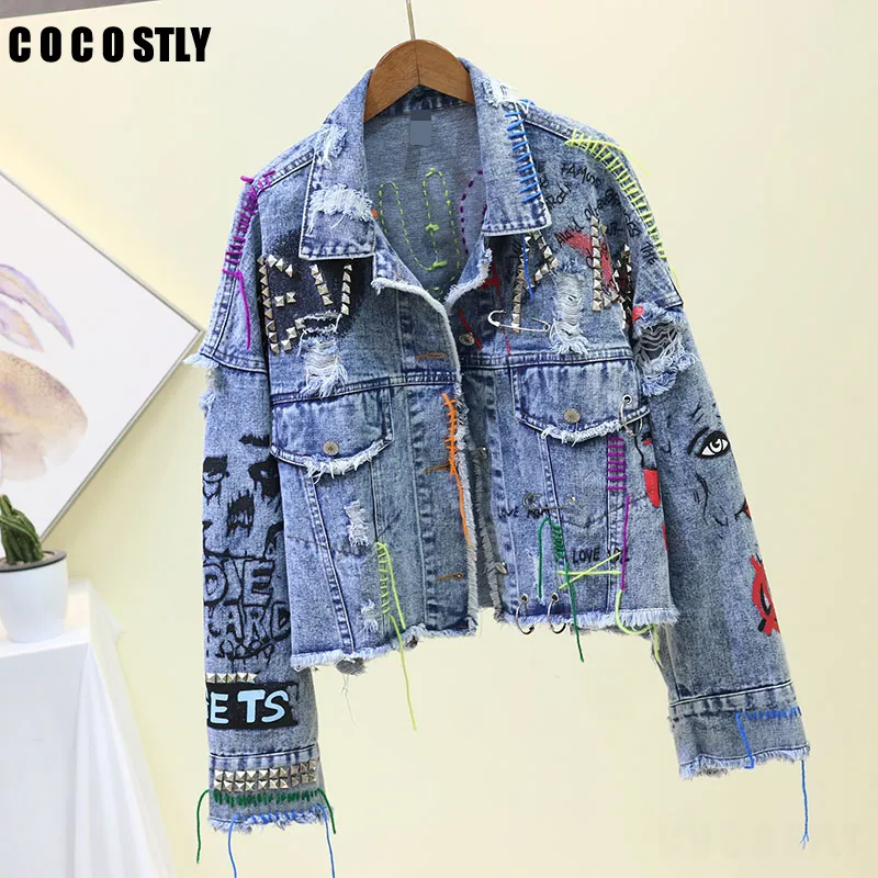 Sonbahar Kadın Streetwear Graffiti Denim Ceket Kadın Kişilik Kısa Ham Kesim Perçin Ceket Saçak Jean Ceket jaqueta feminina T200407