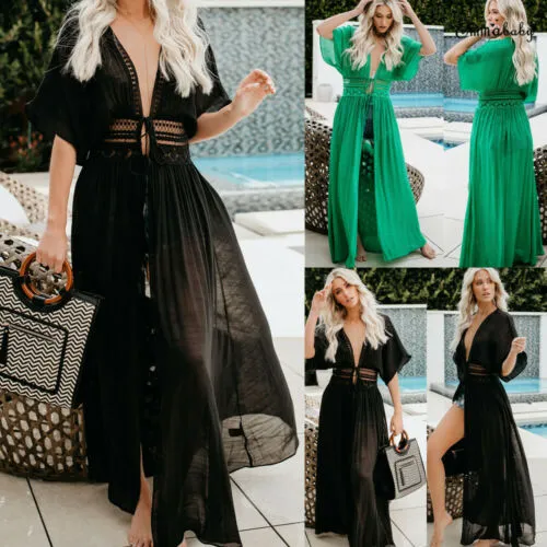 2019 Kobiety Maxi Dress Beach Bikini Coń w stanie długa sukienka boho stroja kąpielowa Summer V