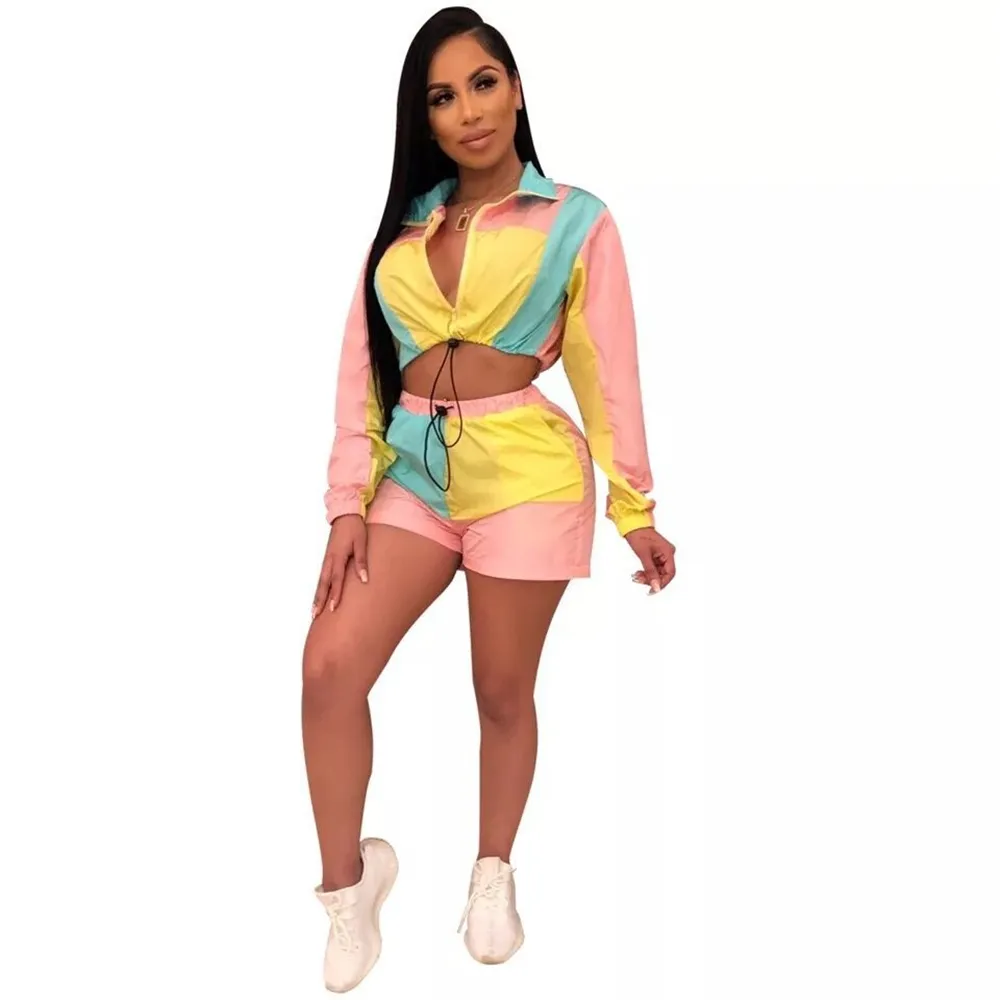 Multicolour Block Patchwork Tracksuit Elegante Manga Longa Zíper Acima Trench de Manga Longa E Shorts Set Night Club Women Outfits