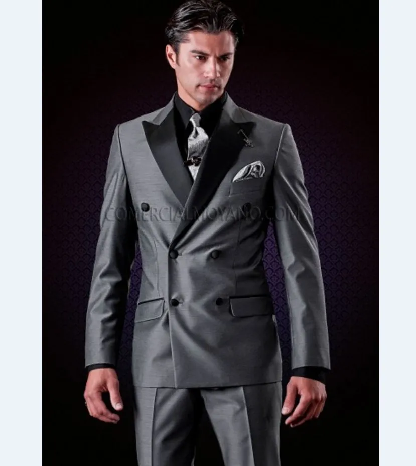 Handsome Double-Breasted Groomsmen Peak Lapel Groom Tuxedos Men Suits Wedding/Prom/Dinner Best Man Blazer(Jacket+Pants+Tie) AA157
