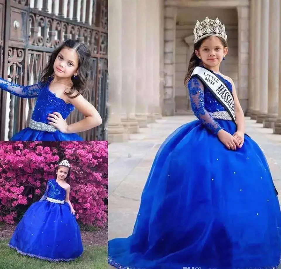 Lilla Miss Pageant Klänningar Långärmad One Shoulder Royal Blue Crystals Beading Belt Ball Gown Party Gowns Prom Klänningar Skräddarsy