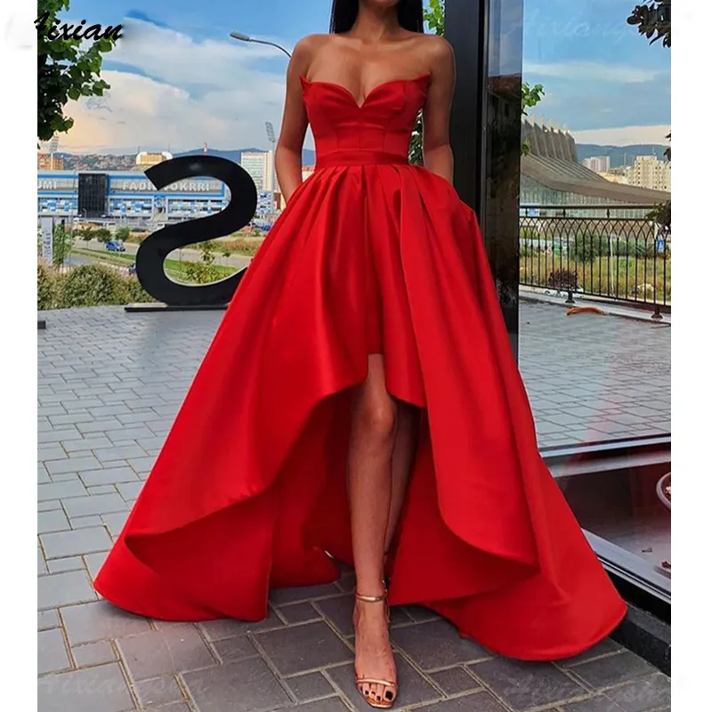 Schlichtes rotes Ballkleid mit herzförmigem Ausschnitt, Satin, A-Linie, Hi-Lo mit Taschen, Übergröße, 2020, ärmelloses, langes Abendkleid