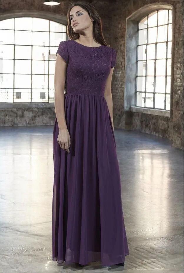 2019 New A-line Lace Chiffon Long Modest Bridesmaid Dresses With Cap Sleeves Dark Purple Floor Length Summer Modest Maids of Honor Dress