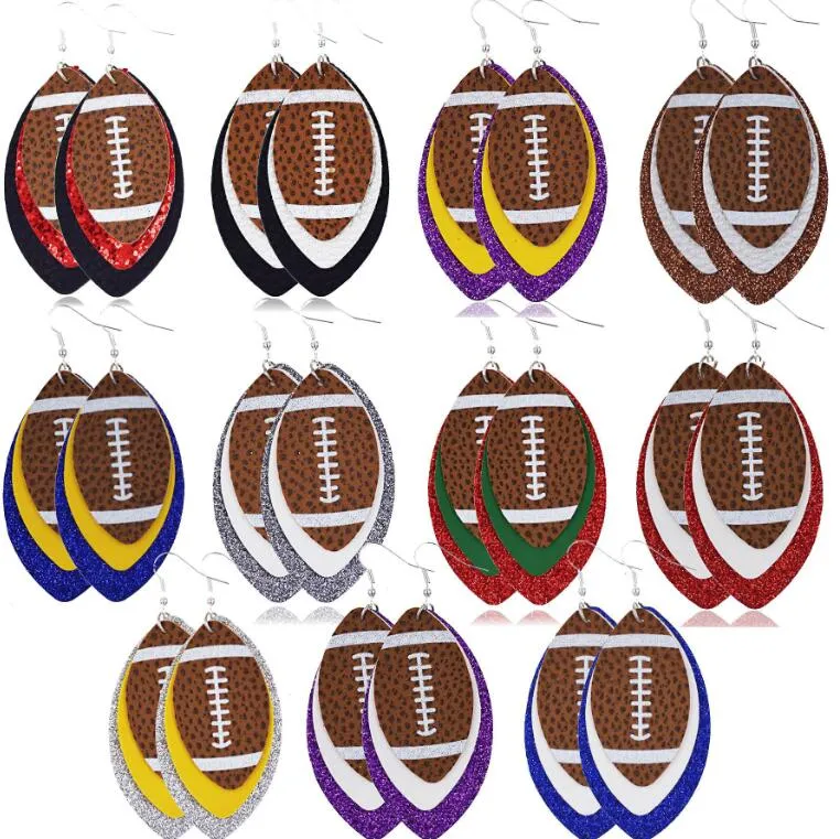 Boucles d'oreilles pendantes en simili cuir scintillant, boucles d'oreilles de football multicouches pour femmes, nouveauté légère, ornement d'oreille pour usage quotidien, fête