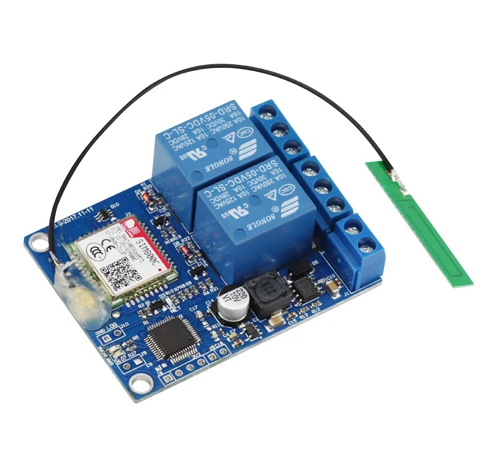 Freeshipping Modulo relè a 2 canali SMS Interruttore di comando remoto GSM SIM800C STM32F103CBT6 con antenna GSM per pompa di ossigeno a effetto serra