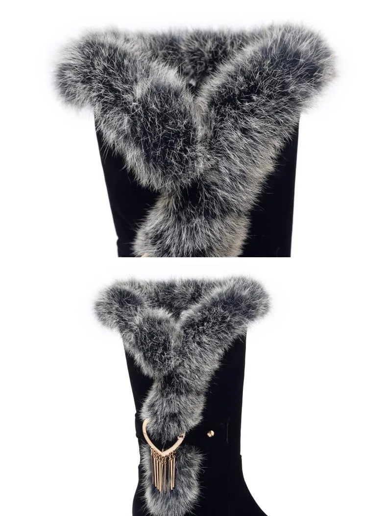 愛らしい暖かい毛皮のブーツ高級デザイナーブーツ女性足首ブーティチャンキーヒール冬ホワイトブラックサイズ33~42~46