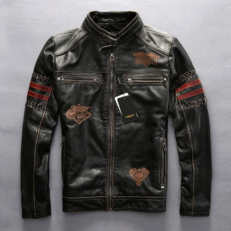 2019 mannen Echt Leren Jas Vintage Zwarte Dikke Koeienhuid Slim Fit Motorcycle Biker Borduren Jas Lente Plus Size Jas