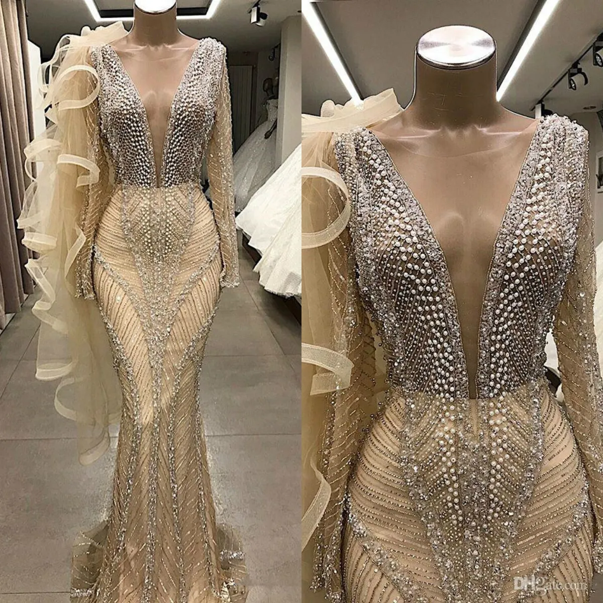 Parels zeemeermin kralen prom jurken lange mouwen champagne pure diepe v-hals feestjes Turks vestidos goedkope formele jurk avondkleding