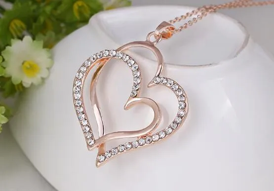 Sommer Stil Kristall Doppel Herz Anhänger Halskette Rose Gold Luxus Liebe Halsketten Valentinstag Hochzeit Schmuck