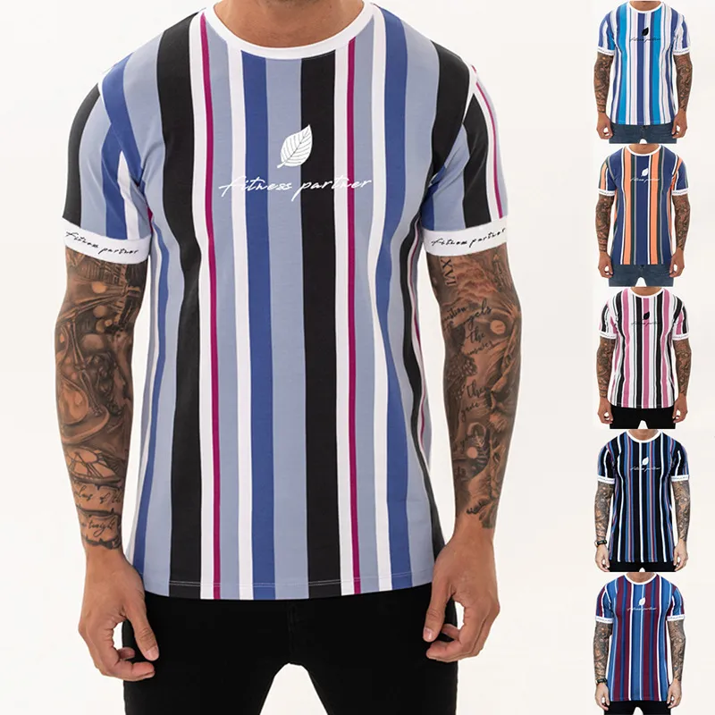 2019 Nya Mens sommar Striped T Shirt Gym Kortärmad T-shirt Casual Fashion Hip Hop Tees Bodybuilding Slim Jogger Toppar