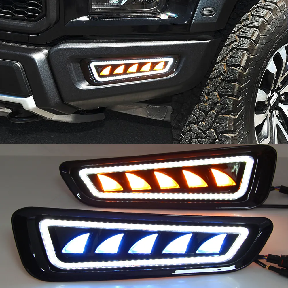 1 Pair DRL LED Daytime Running Lights with Turn Signal Fog Lamp For Ford Raptor SVT F150 2017 2018 2019