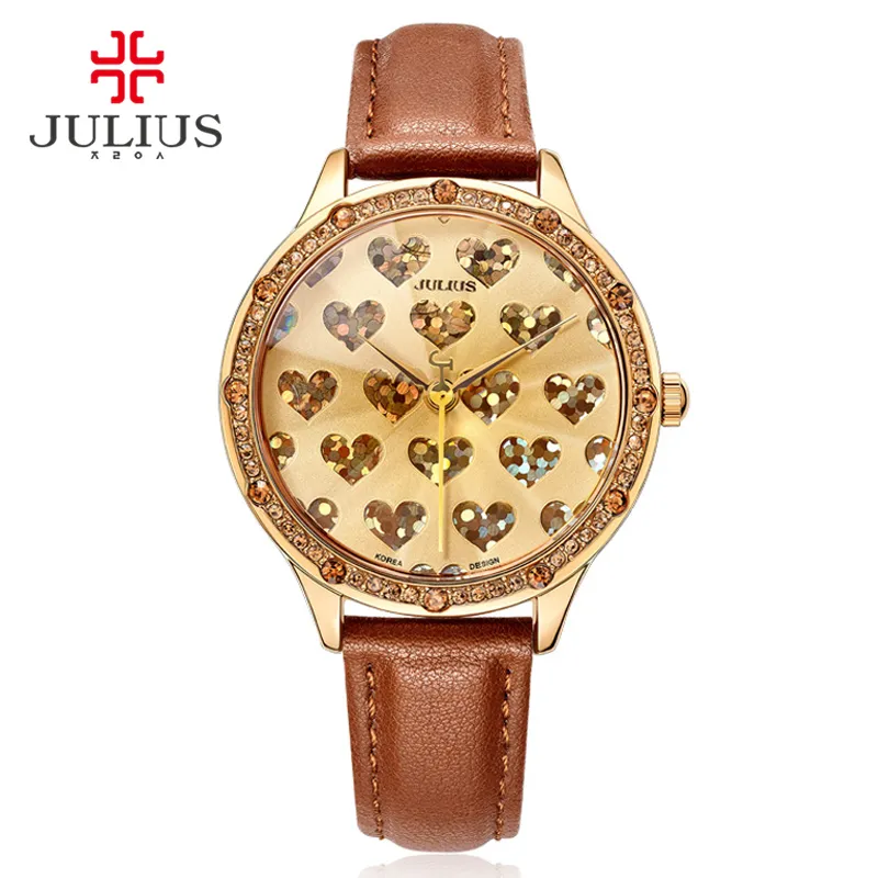 Julius Brand Logo Lady Crystal Heart Romantic Watch for Valentine Gift Geneva Wristwatch Waterproof Hand Clock Hour Reloj JA-851