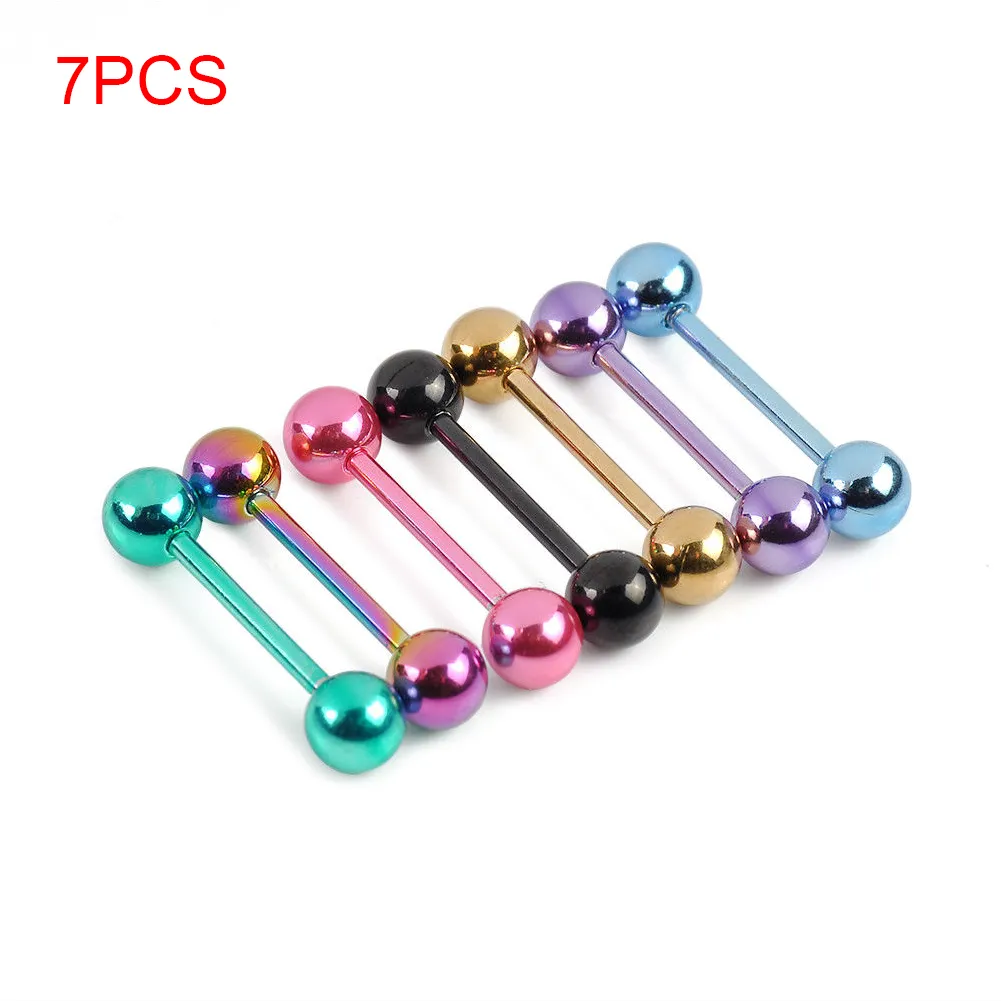 7pcs Plated Stainless Steel Mixed Colors Tounge Rings Piercing Body Jewelry