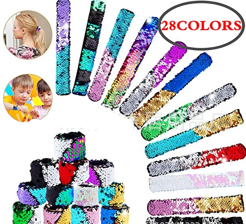 BABY DESIGNERS Fille Slap Bracelets Sirène Paillettes Bracelet Double Couleurs Glitter Slap Bracelet Enfants Fête cotillons 28Designs En Option