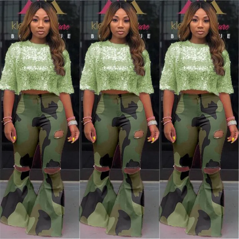 Hösten vinter kvinnor grön kamouflage blossade byxor sexiga flickor hål jeans s-3xl hög midja camo klocka-botten casual stretchy denim bootcut 1334