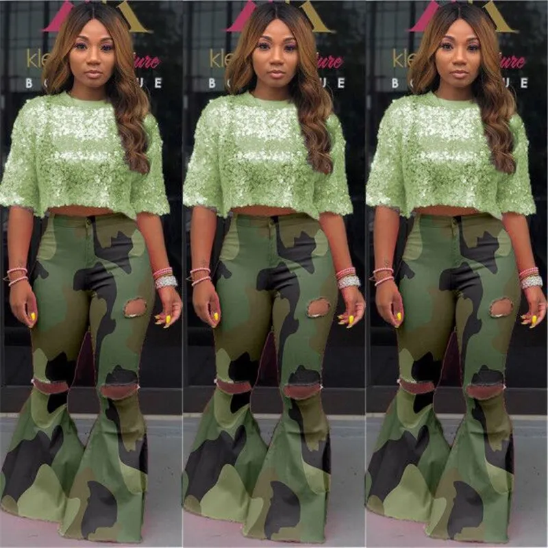 Fall winter women Green Camouflage Flared Pants Sexy Girls Holes Jeans S-3XL High Waist CAMO Bell-Bottom Casual stretchy denim bootcut 1334