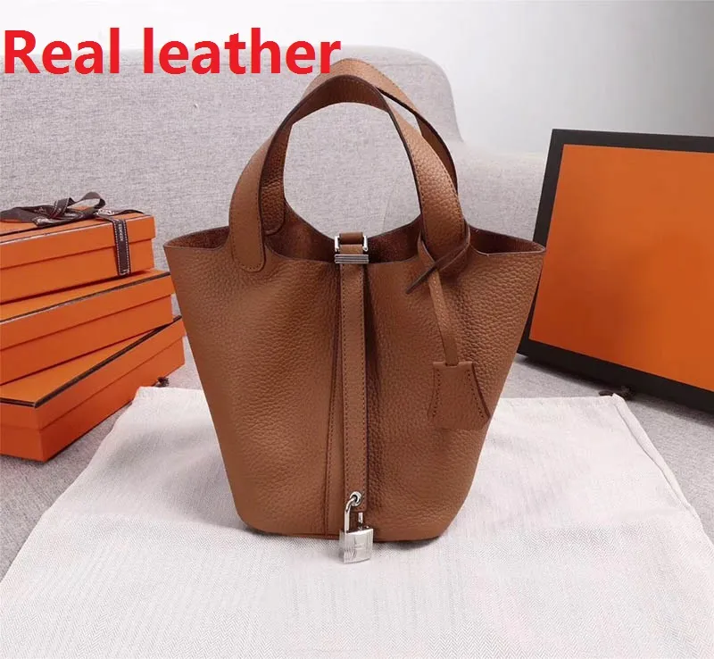 Gerçek deri yeni omuz çantaları kova çantası kadın alışveriş çantası tasarımcı çanta kilit pikotin el çantası 001