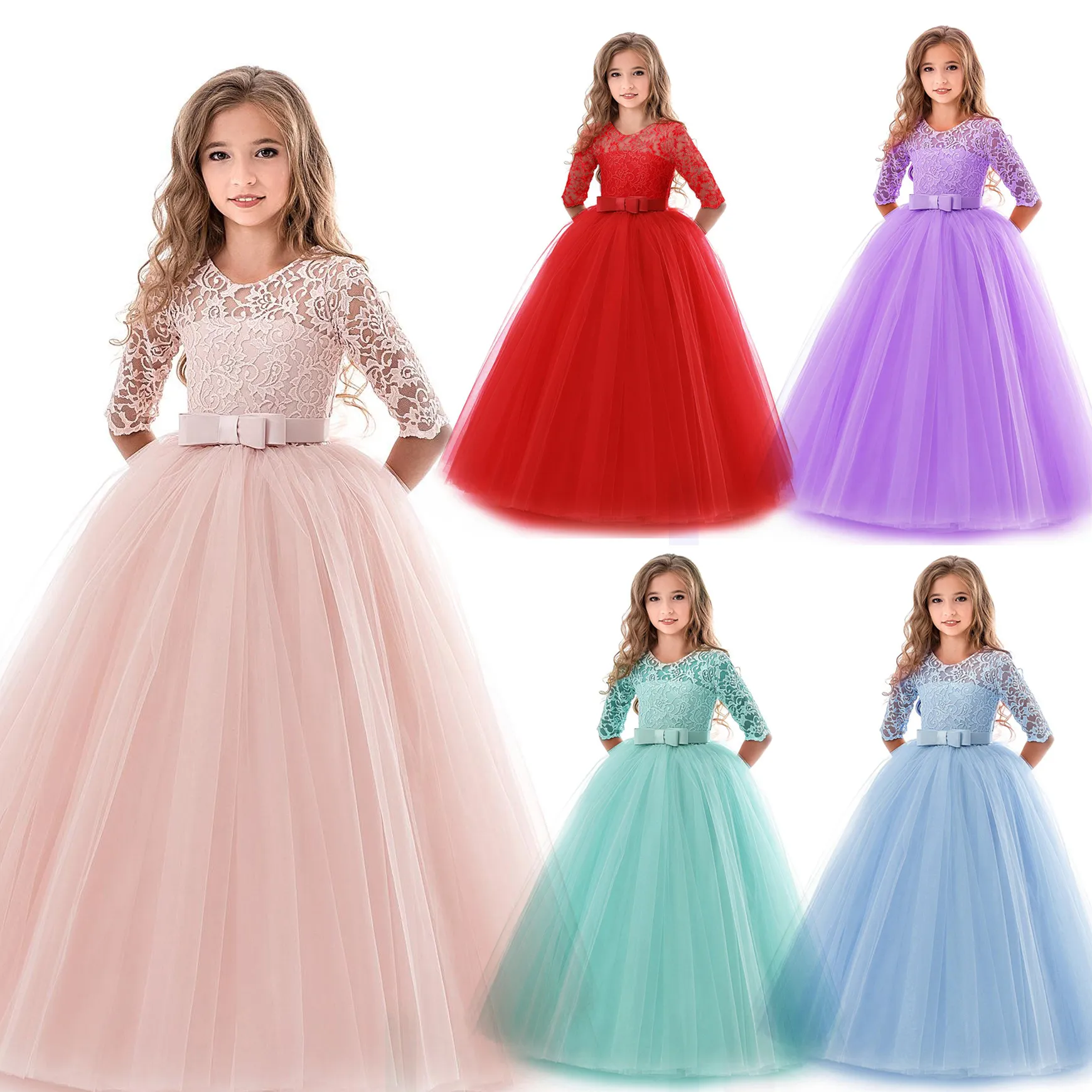 Lindo 1/2 medias mangas Princesa Vestidos para niñas de flores Cuello joya Tul de encaje 2019 Lazo de cinta Niña Ropa formal Cumpleaños Vestido de fiesta Pegeant