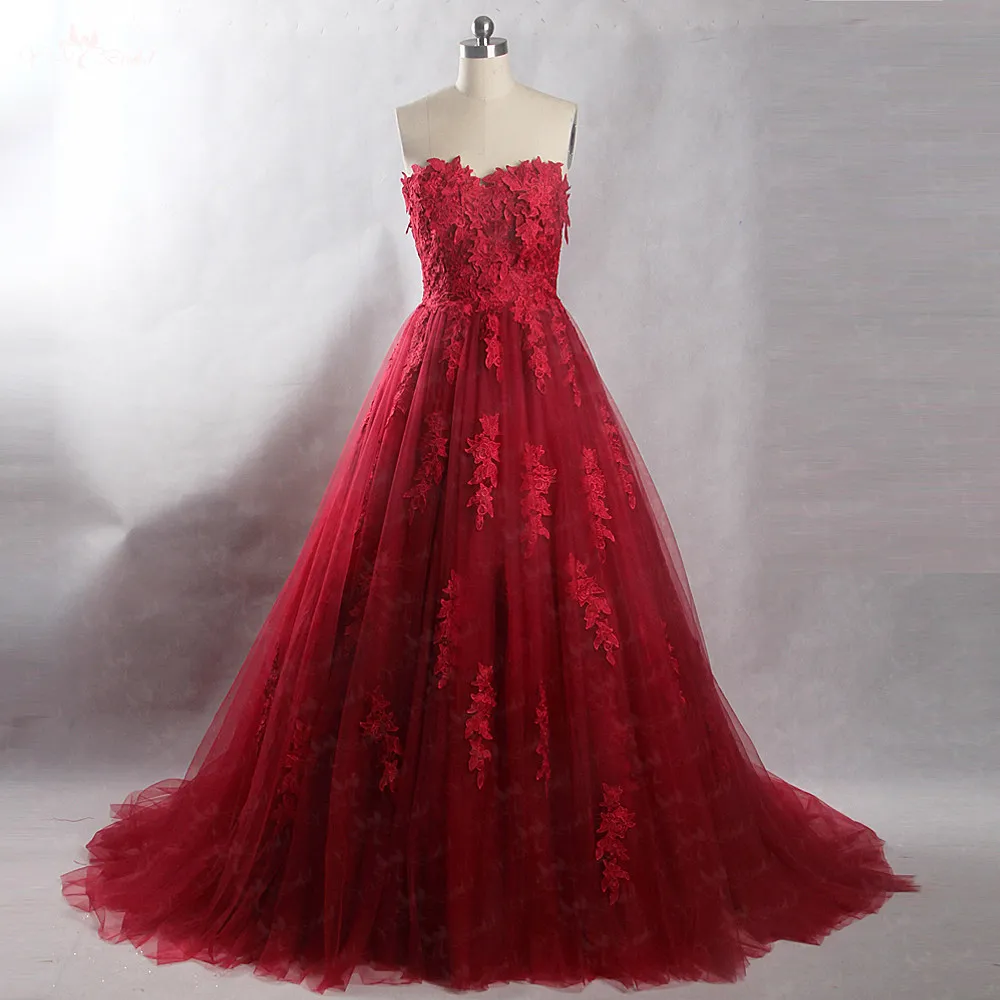A-ligne rouge foncé gothique robes de mariée chérie boutons dos dentelle Tulle femmes Non blanc Vintage robes de mariée avec couleur