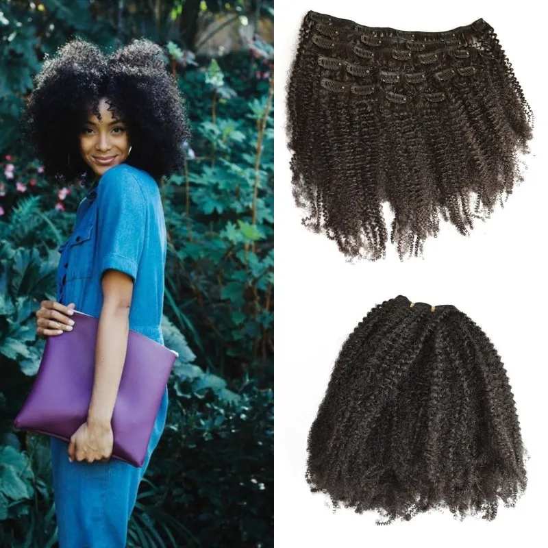 4A, 4B Afro Kinky Curly Clip in Human Hair Extensions 7pcs/Set Natural Black 흑인 여성 100% Virgin Human Hair G-Easy