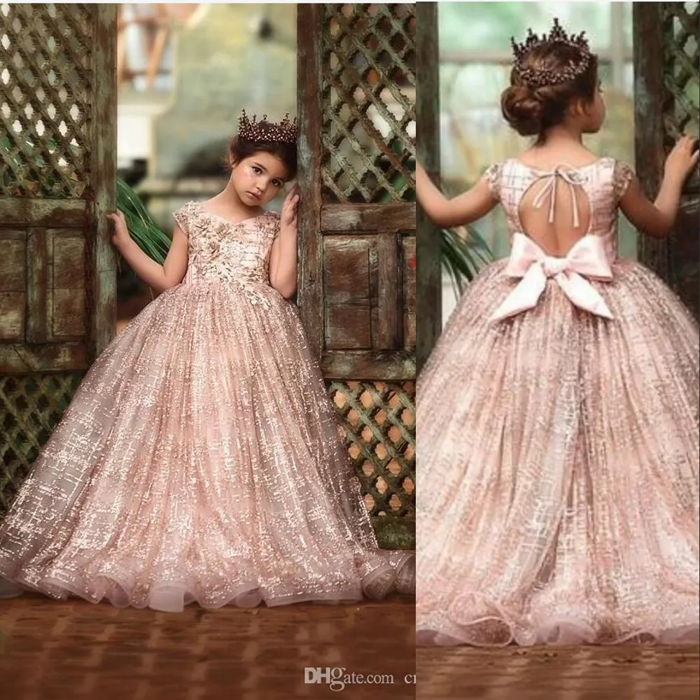 Neue Ballkleid Roségold -Pailletten -Festzugskleider gegen Nackenspitze Appals Pailletten Kurzärmele Kinder Blumen Mädchen Geburtstagskleider